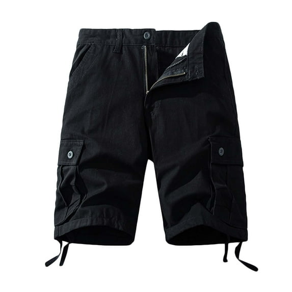 ALLLIST Straight-Leg Essentials Men's Solid Black Mid Short with Pockets Button Half Zip Cargo Relaxed Fit