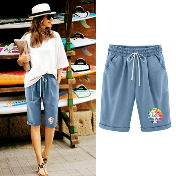 ALLLIST Straight-Leg Shorts Women Ankle Blue High Graphic Comfy Trousers with Pockets Elastic Capris Pants for Women 60%Cotton,40%Linen Trousers XXL