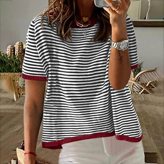 ALLLIST Striped Summer Tops for Women Crew Neck Short Sleeve Black T-Shirts Tees