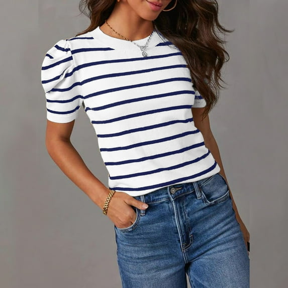 ALLLIST Striped Women's Tops Short Sleeve Crew Neck Blue T-Shirts Blouses for Women