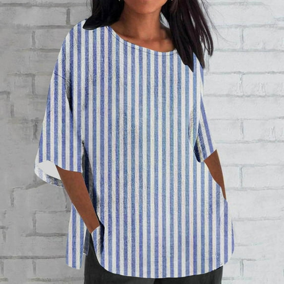 ALLLIST Striped Womens Spring Tops Crew Neck Blue 3/4 Sleeve Cotton and Linen T-Shirts Casual Loose Spring Blouse