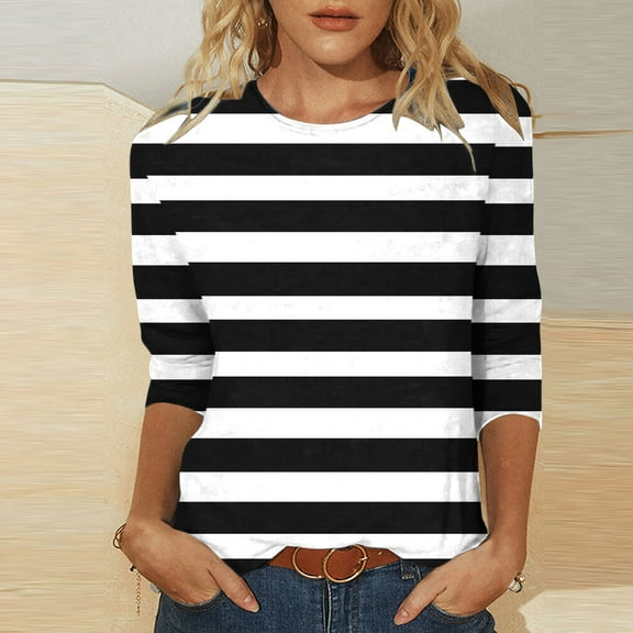 ALLLIST Striped Womens Tops Summer Short Sleeve Black Crew Neck T-Shirts Blouses for Women Dressy Casual