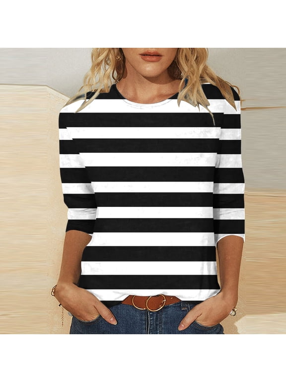 Striped Womens Tops Summer Short Sleeve Black Crew Neck T-Shirts Blouses for Women Dressy Casual