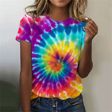 ALLLIST Summer Tops Blue Short Sleeve Tie Dye Crew Neck T-Shirts Womens T Shirts M