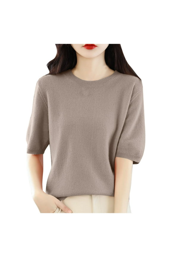 Summer Tops Gray Elbow-Length Solid Crew Neck T-Shirts Blouses & Button-Down Shirts