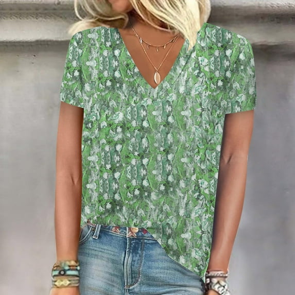 ALLLIST Summer Tops Green Graphic V-Neck Short Sleeve Casual T-Shirts Spring Blouses XL