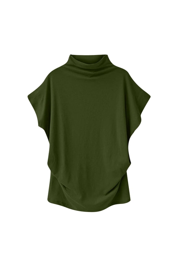 Summer Tops Green Short Sleeve High Neck Solid T-Shirts Blouse for Women