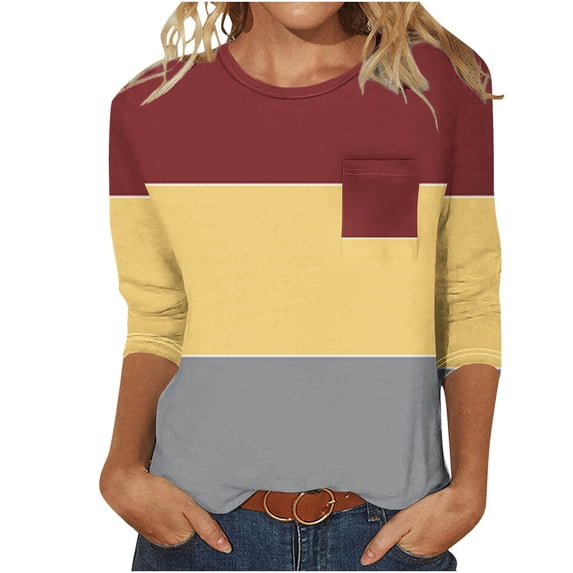 ALLLIST Summer Tops Red Geometric Pocket 3/4 Sleeve Crew Neck T-Shirts Blouses for Women M