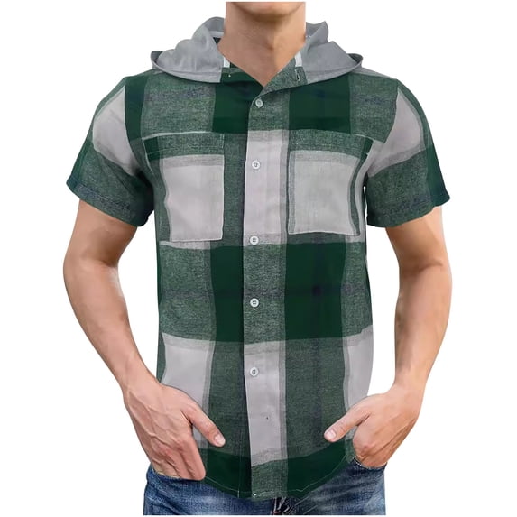 ALLLIST Summer Tops Short Sleeve Green Crew Neck Plaid Casual Button T-Shirts with Pocket Mens Dress Shirts