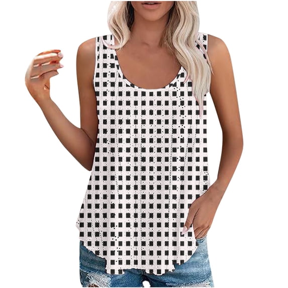 ALLLIST Summer Tops White Plaid Pleated Sleeveless Crew Neck Tank Tops Tank L