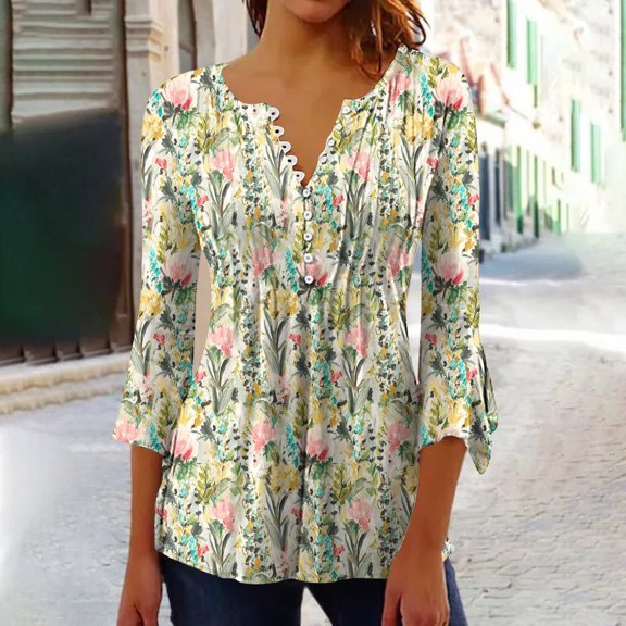 ALLLIST Summer Tops Yellow 3/4 Sleeve Button Notch Neck Floral T-Shirts Women's Blouse