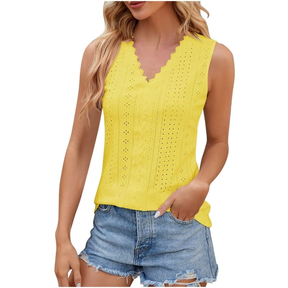 ALLLIST Summer Tops Yellow Lace V-Neck Solid Sleeveless Tank Tops Tank Tops for Women XL