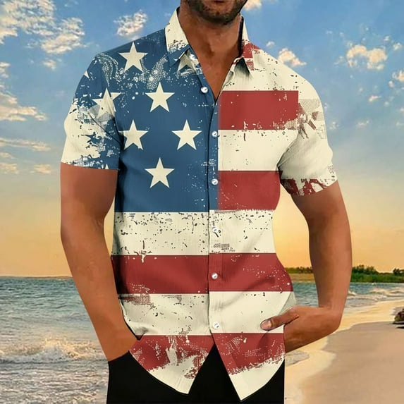 ALLLIST Summer Tops for Men 2024 Short Sleeve Collared Independence Day Button Printed Casual T-Shirts Shirts for Men