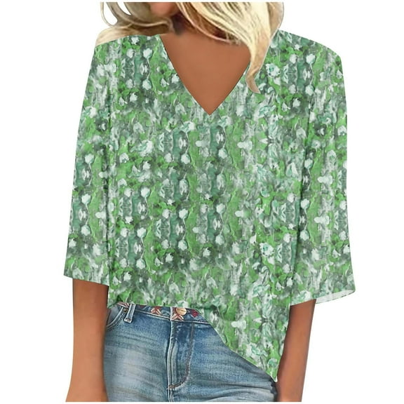 ALLLIST Summer Tops for Women 2024 V-Neck 3/4 Sleeve Green Floral T-Shirts Casual Printed Spring Blouse