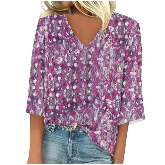 ALLLIST Summer Tops for Women 2024 V-Neck Pink 3/4 Sleeve Floral T-Shirts Casual Printed Women Blouses Dressy Casual