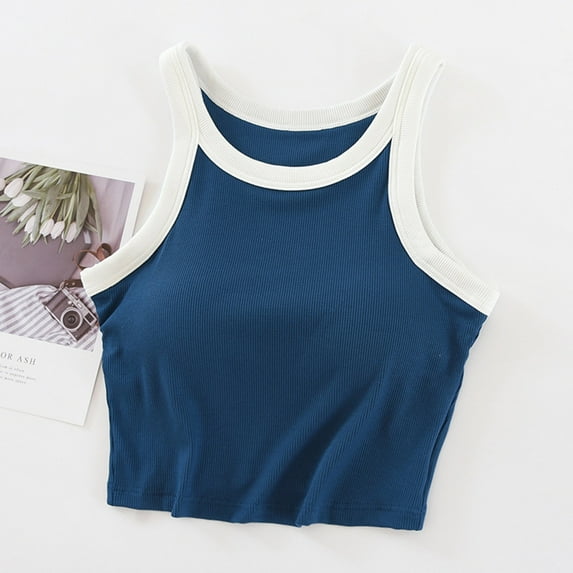 ALLLIST Summer Tops for Women Blue Ribbed Cropped Crew Neck Sleeveless Solid Tank Tops Tank Top M