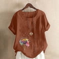 thumbnail image 1 of ALLLIST Summer Tops for Women Brown Cotton and Linen Crew Neck Graphic Button Short Sleeve T-Shirts T Shirts for Women M, 1 of 5