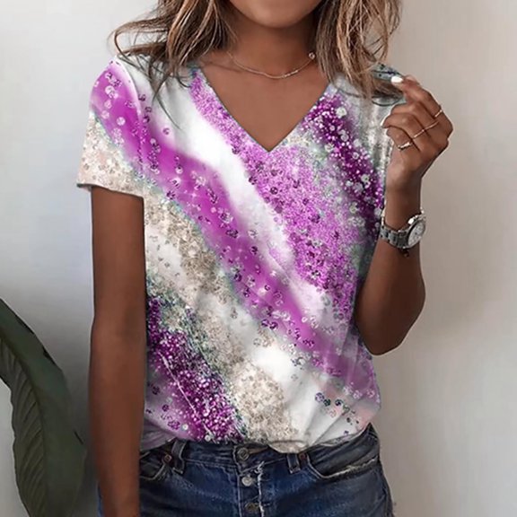 ALLLIST Summer Tops for Women Pink Long Sleeve V-Neck Graphic T-Shirts Blouse for Women