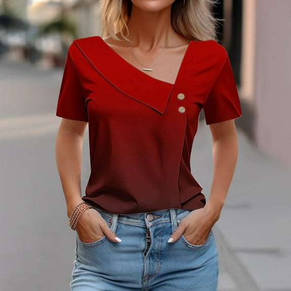 ALLLIST Summer Tops for Women Red Button Short Sleeve Solid V-Neck T-Shirts Spring Blouse XXL