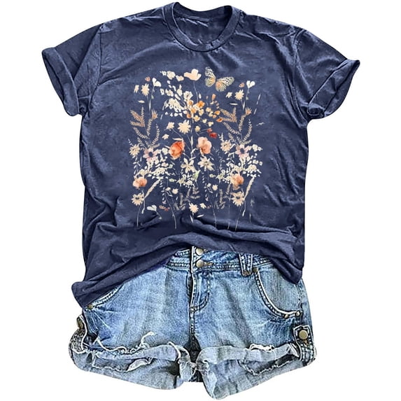ALLLIST Summer Tops for Women Short Sleeve Crew Neck T-Shirts Casual Purple Floral Shirts Tops for Ladies