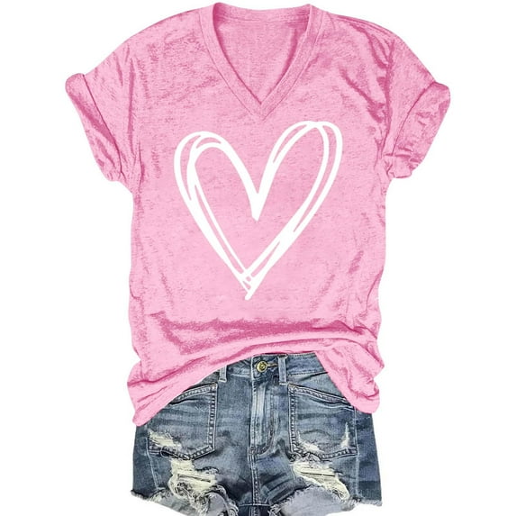 ALLLIST Summer Women's Tops V Neck Short Sleeve Tee Shirts Pink Fashion Love Heart Blouse Women's Clothing