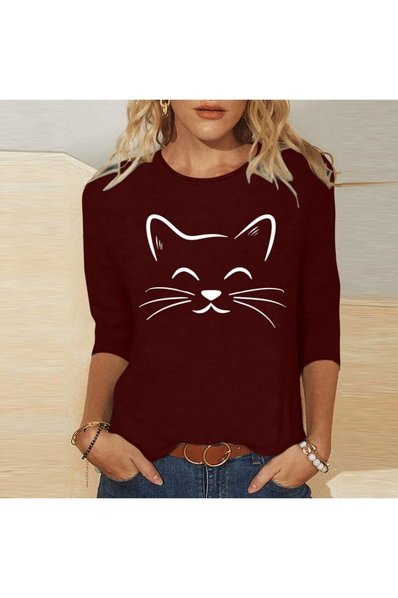 Summer Womens Tops Crew Neck 3/4 Sleeve T-Shirts Red Casual Cat Graphic Shirts Womens Clothing