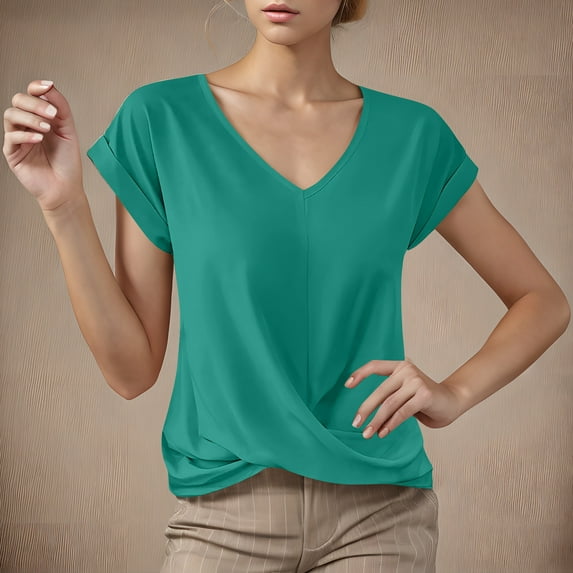 ALLLIST Summer Womens Tops V Neck Short Sleeve Blouse Green Casual Plain Pullover Womens Clothing
