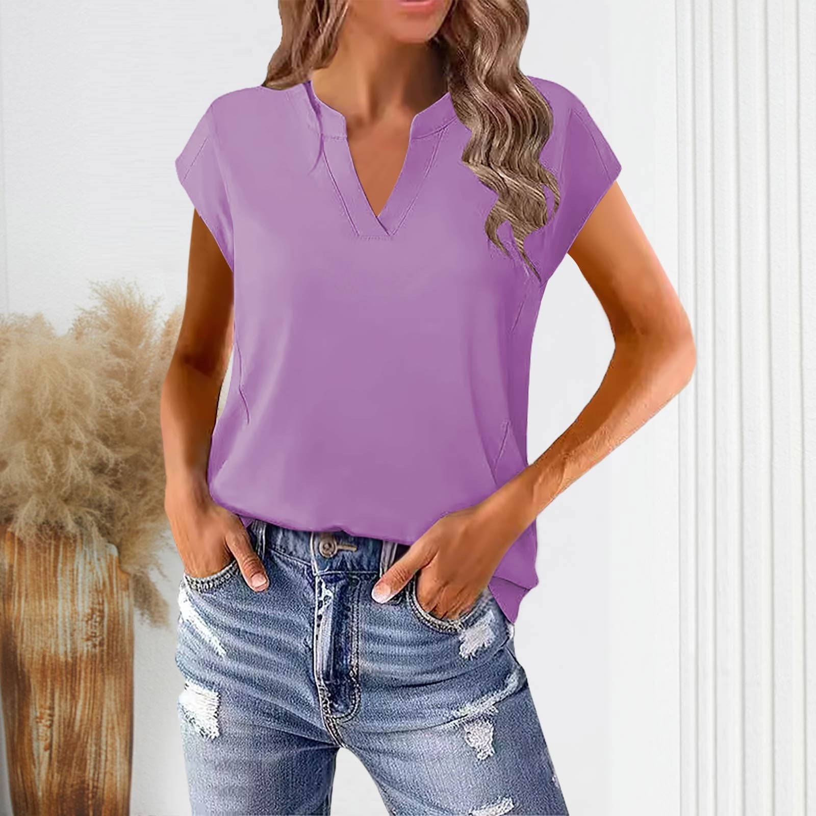 ALLLIST Summer Womens Tops V Neck Short Sleeve T-Shirts Plain Purple