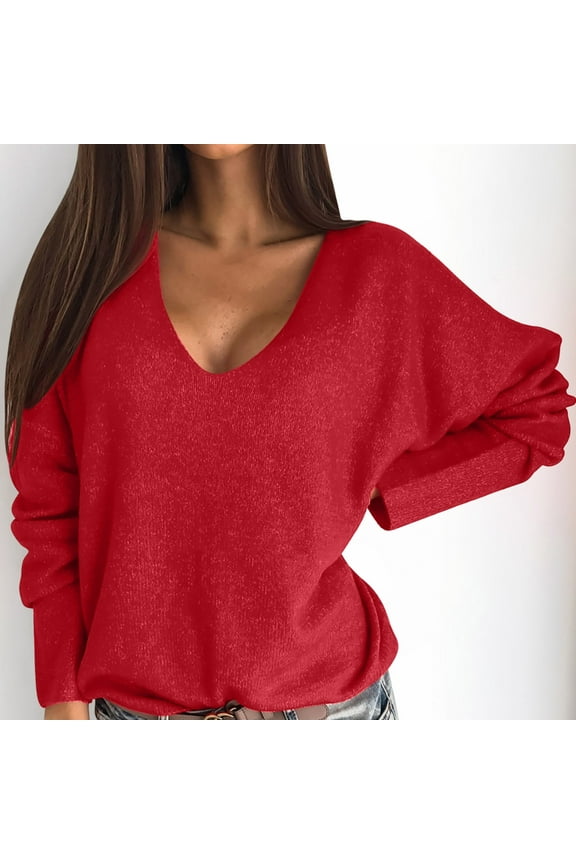 Sweaters Women V Neck Pullover Red Solid Long Sleeve Raglan Sweaters Ladies