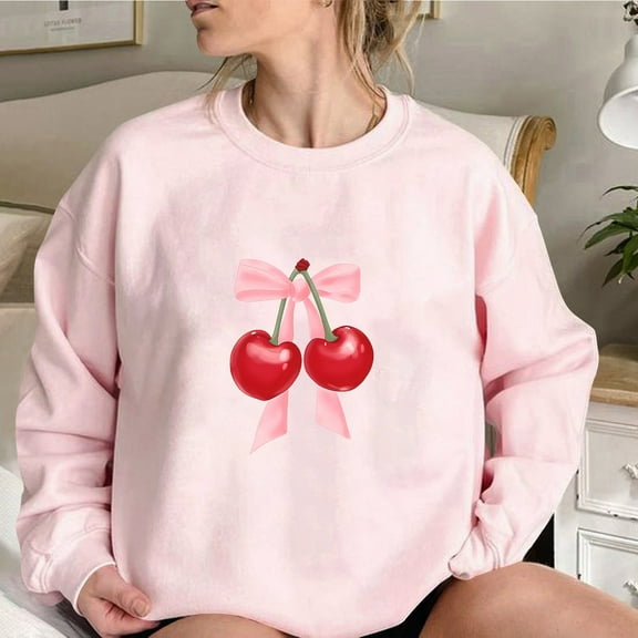 ALLLIST Sweatshirts for Women Crew Neck Long Sleeve Pullover Cherry Print Comfy Pink Ladie's Sweatshirts