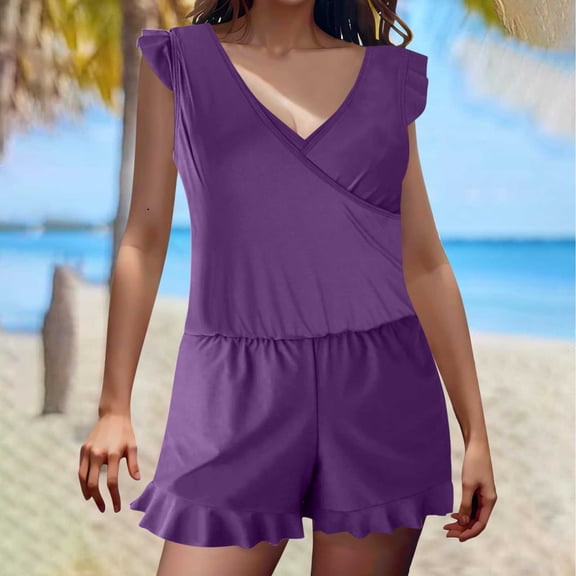 ALLLIST Swimsuit Women Purple Solid Sexy Boy Shorts Full Coverage One-Piece Swimwear for Women
