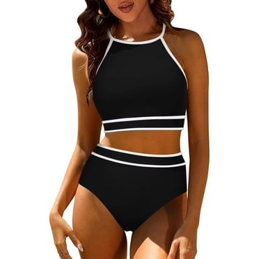 ALLLIST Swimsuits Black Sexy High Cut Back-Smoothing Solid Bikini Tops Swimming Suits for Women