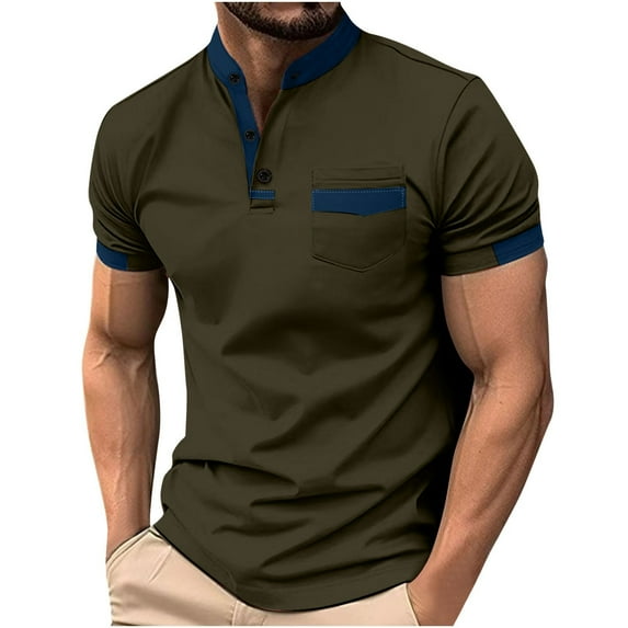 ALLLIST T Shirts for Men Short Sleeve Henley Pocket Tee Color Block Round Neck Green Pullover Mens Shirts