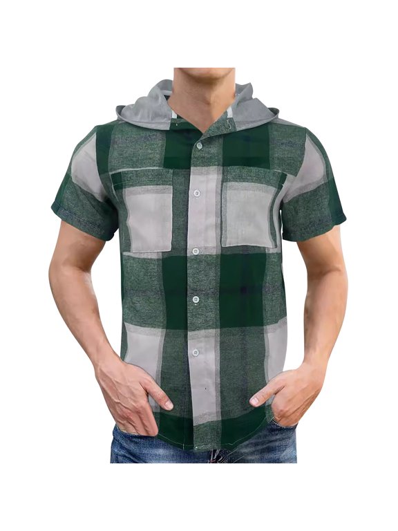 Casual Man Tops Crew Neck Short Sleeve Green Plaid T-Shirts with Pocket Casual Button Classic Tee for Men