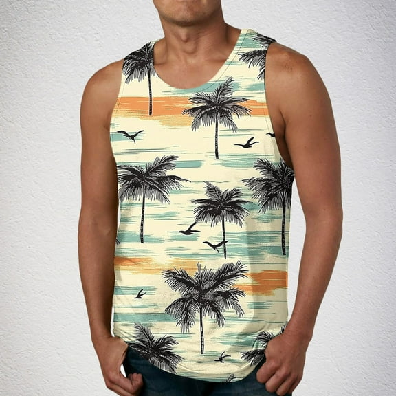 ALLLIST Tank Tops Men Summer Hawaiian Cotton Pullover Beige Breathable Shirts for Men Size S-2XL