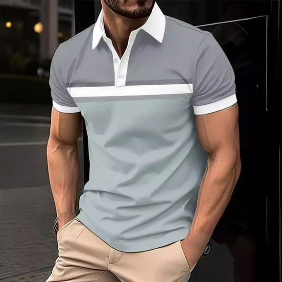 ALLLIST Tops Gray Collared Short Sleeve Striped Casual T-Shirts Button Polo Mens T-Shirts