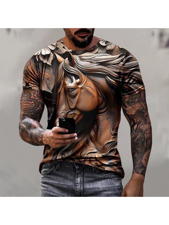 Tops Short Sleeve Crew Neck Brown Horse Printed T-Shirts Graphic Gift Loose Mens T-Shirts