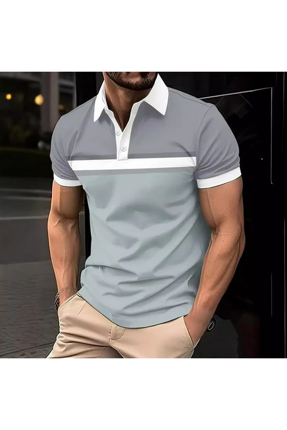 Tops for Man Short Sleeve Gray Collared Striped Polo Button T-Shirts Casual Mens Shirts
