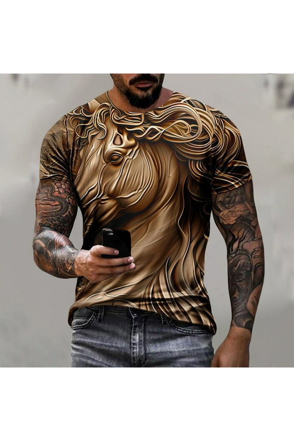Tops for Men Crew Neck Short Sleeve Brown Horse Loose Gift Printed Graphic T-Shirts Men's T-Shirts