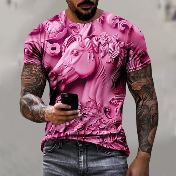 ALLLIST Tops for Men Pink Crew Neck Short Sleeve Horse Loose T-Shirts Graphic Printed Gift Mans Tees