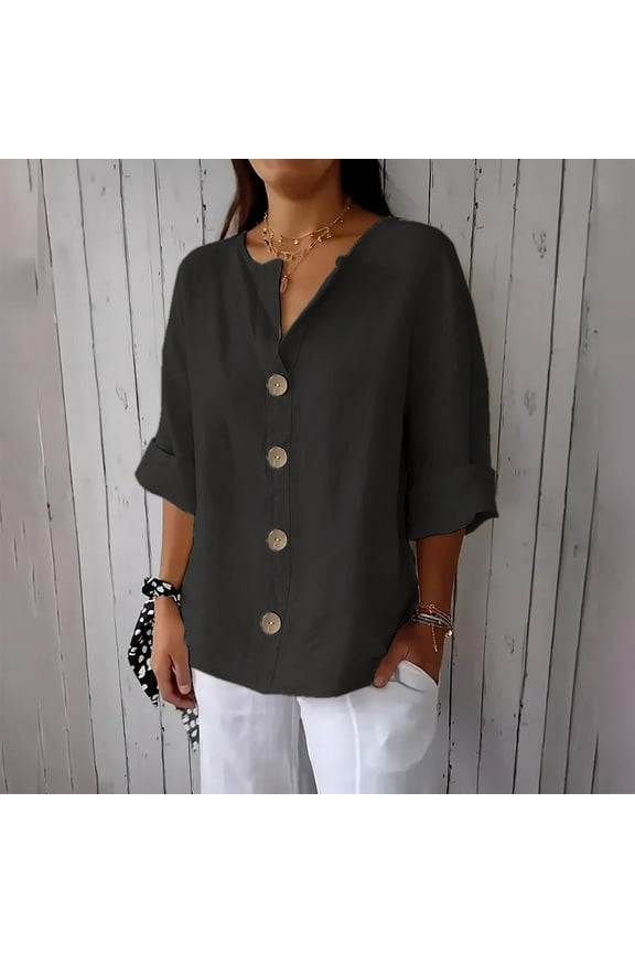 Tops for Women 3/4 Sleeve V-Neck Cotton Linen Blouse Trendy Plain Black Pullover Ladies Clothing