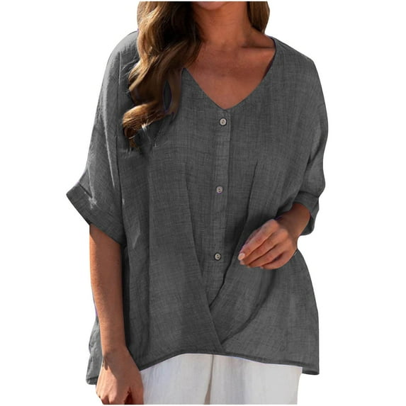 ALLLIST Tops for Women Elbow-Length Cotton Linen Summer Blouses Gray Solid Trendy Shirts Ladies Tops