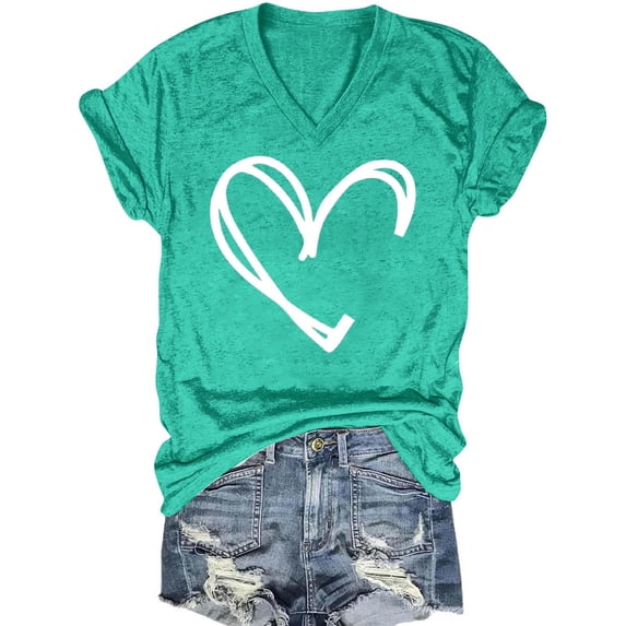 ALLLIST Tops for Women Going Out V Neck Short Sleeve Tee Shirts Love Heart Green Trendy Pullover for Women