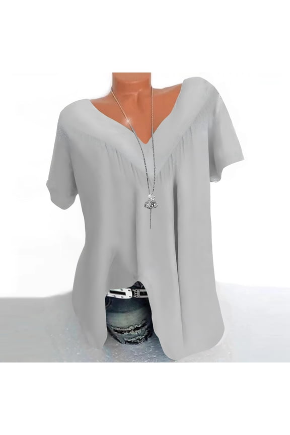 Tops for Women Holiday Short Sleeve V-Neck Blouses Gray Solid Side Vent Shirts Tops for Ladies