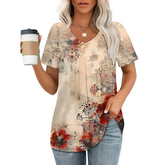 ALLLIST Tops for Women Pleated V Neck Short Sleeve Blouse Floral New Yellow Tunic Clothing for Women