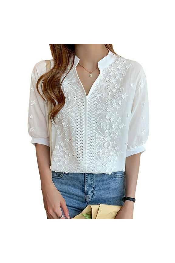 Tops for Women Puff Sleeve V Neck Blouse Summer White Solid Cutout Ladie's Tops