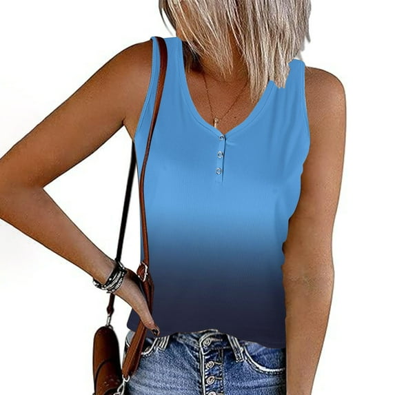 ALLLIST Tops for Women Trendy Blue Gradient Button Sleeveless V-Neck Tank Tops Tank XXXL
