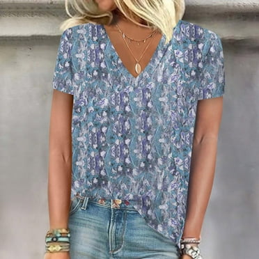 ALLLIST Tops for Women Trendy Blue Graphic Short Sleeve V-Neck Casual T-Shirts Womens Shirts Under $10 L