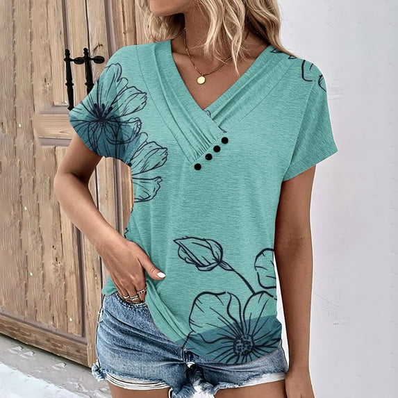ALLLIST Tops for Women Trendy V-Neck Blue Short Sleeve Floral Button T-Shirts Casual Womens Tees Loose Fit