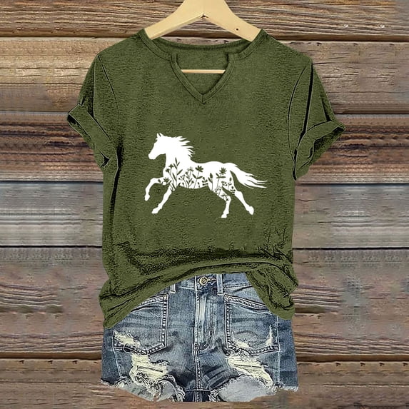 ALLLIST Tops for Women V Neck Holiday Short Sleeve T-Shirts Green Trendy Animal Print Shirts Ladies Tops
